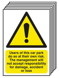 6-Pack Car Park Risk/Responsibility For Damage Signs SSW000681