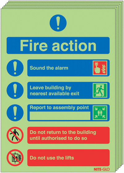 6 pack  Glow in the Dark Photoluminescent Instructional Fire Action Sign SSW0336