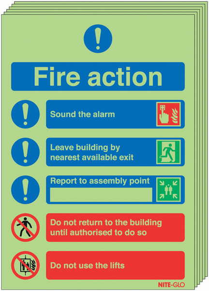 6 pack  Glow in the Dark Photoluminescent Instructional Fire Action Sign SSW0336