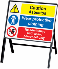 Caution Asbestos/Protective Clothing/no admittance Signs with stanchion SSW00699