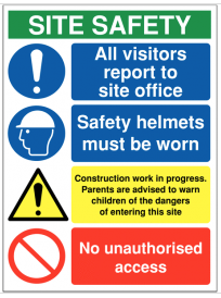 Building & construction site safety sign stating 'all visitors to report to site office' SW0036