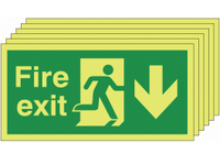 6 pack of Glow in the dark fire exit signs with man running right and down arrow SSW0020