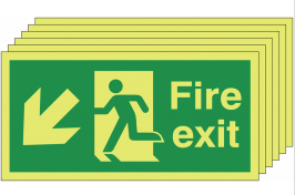 Pack of 6 Glow in the dark down and left man/arrow fire exit signs SSW0316